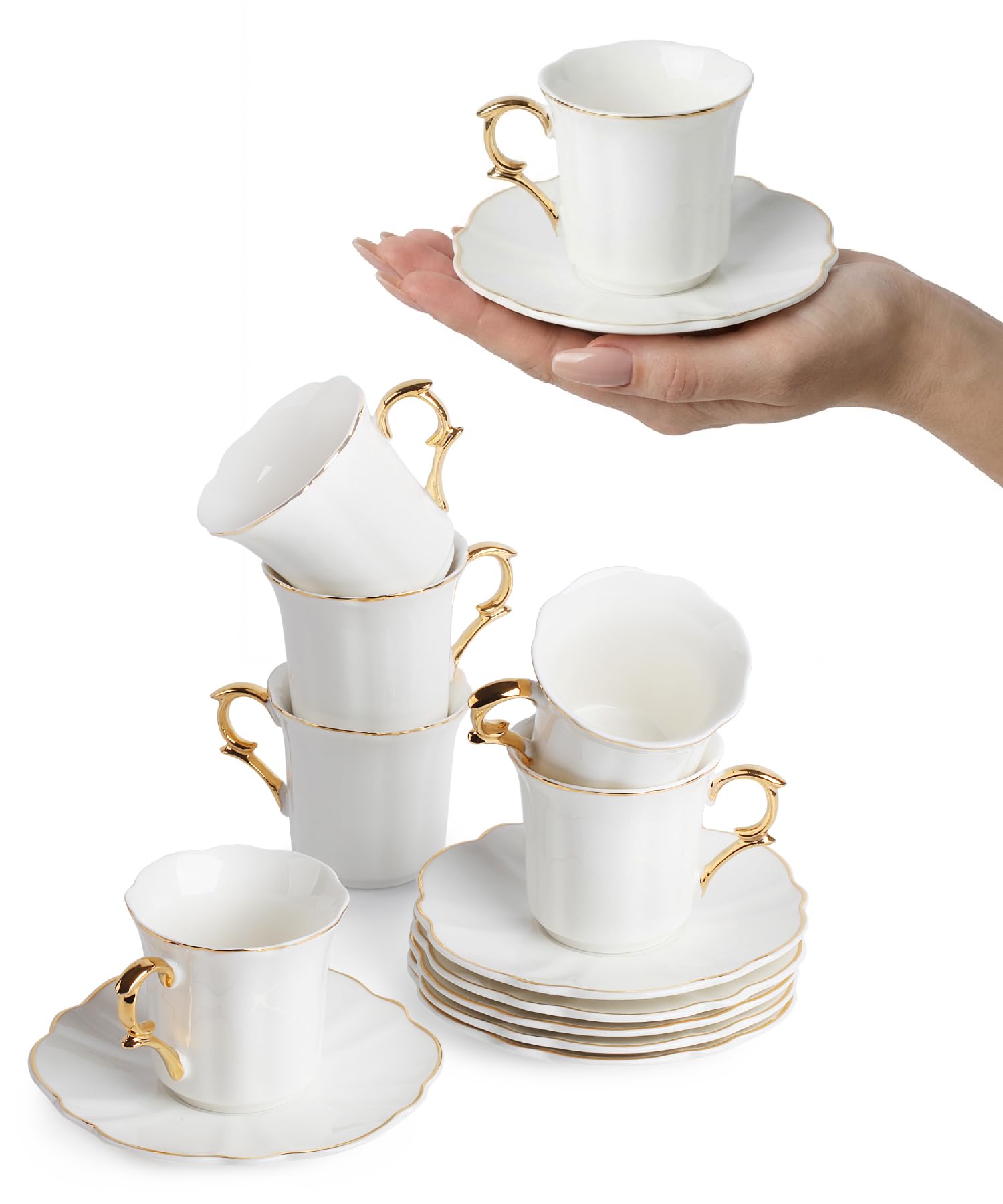 Brew To A Tea front view of six porcelain espresso cups showing classic white design and uniformity