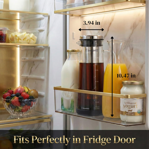 BrewMOO pitcher in fridge door illustrating space-saving storage