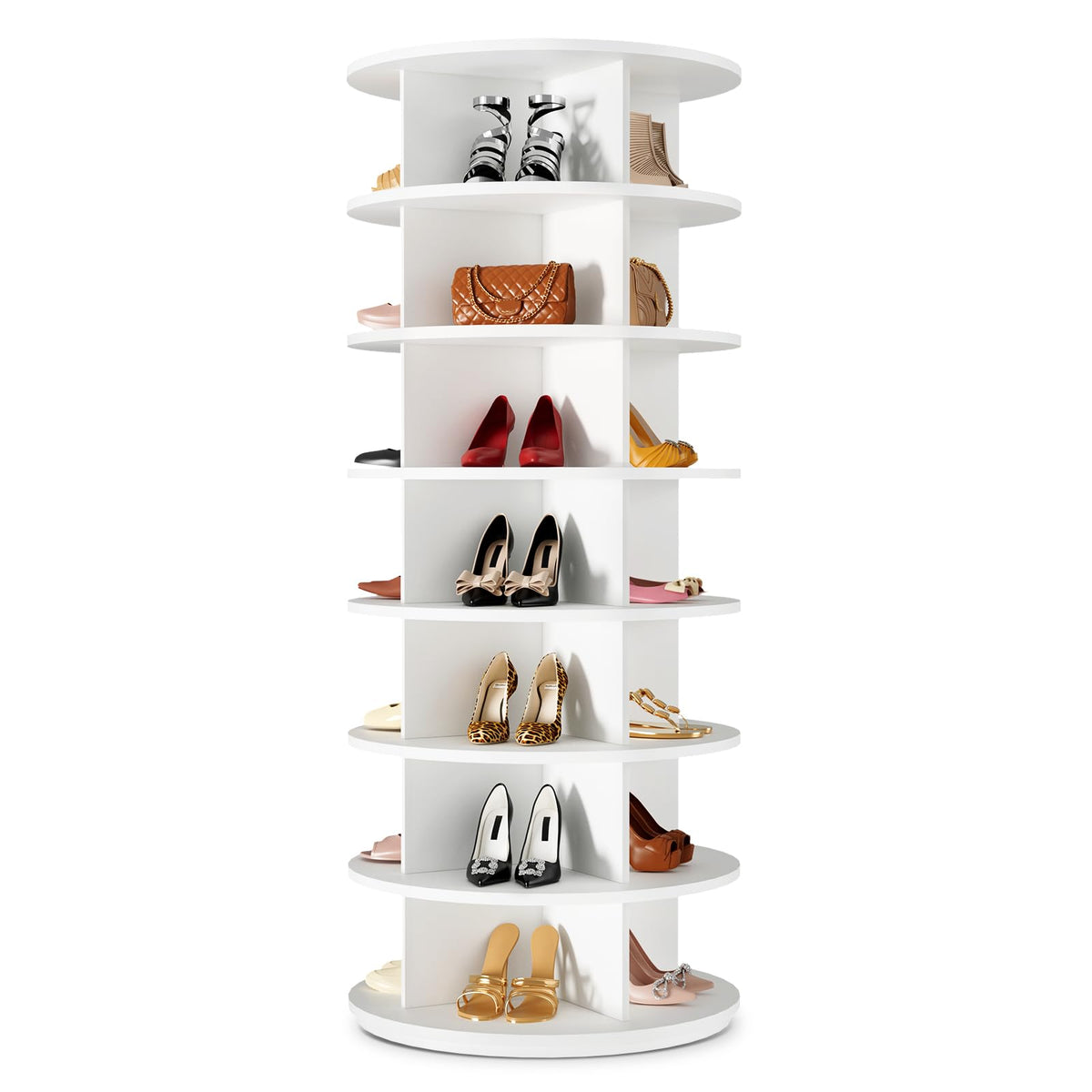 BrFoYu front view of rotating shoe rack showcases space-saving benefit