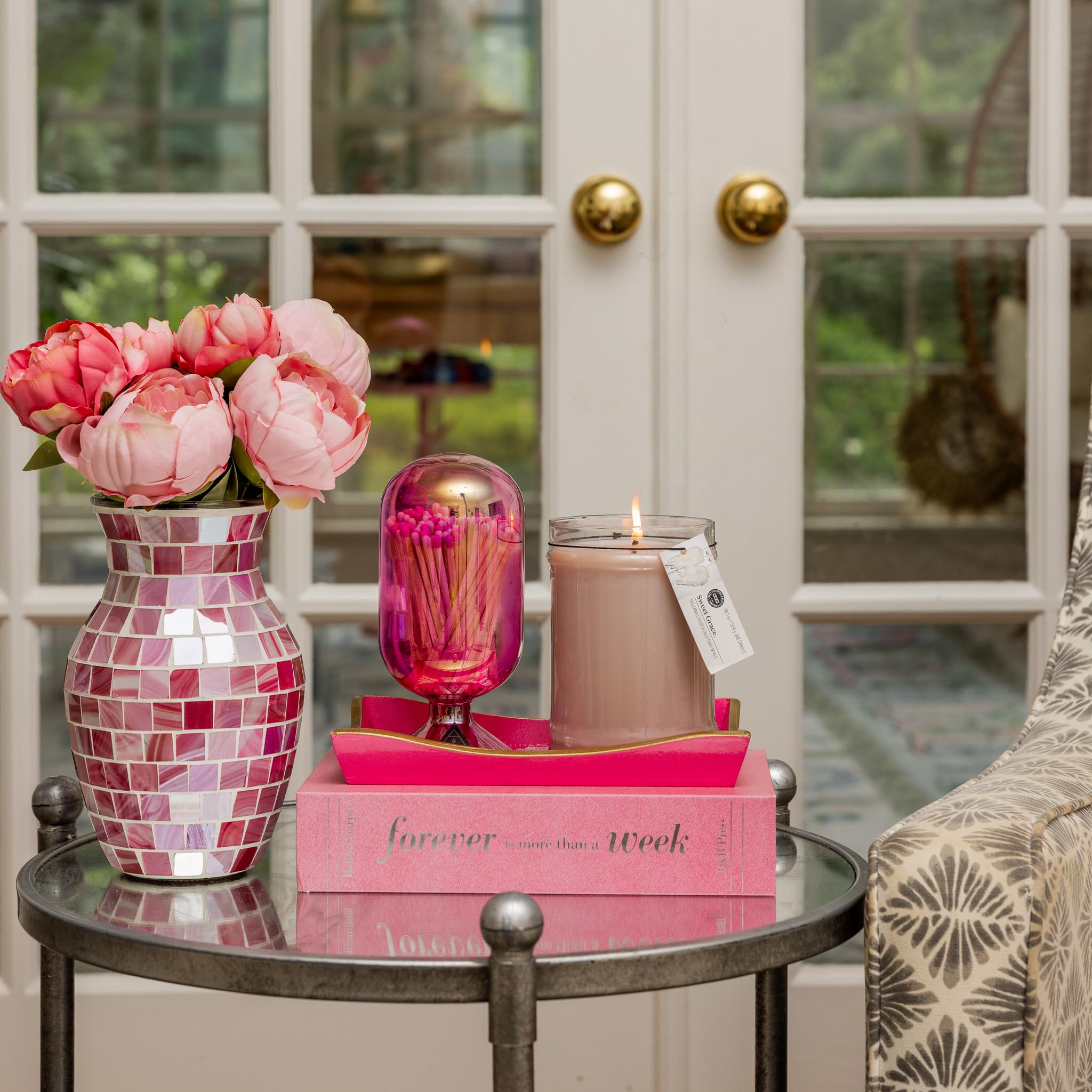 Bridgewater glass jar repurposed as vase showing sustainability and decor benefit