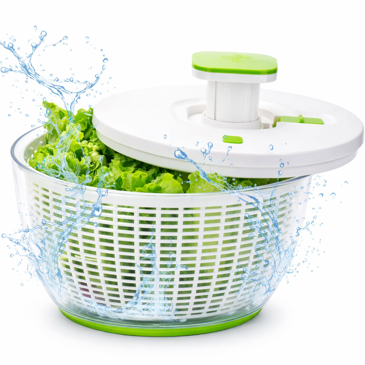 Brieftons front view of full salad spinner showing capacity and clear serving bowl
