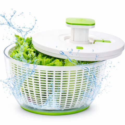 Brieftons front view of full salad spinner showing capacity and clear serving bowl
