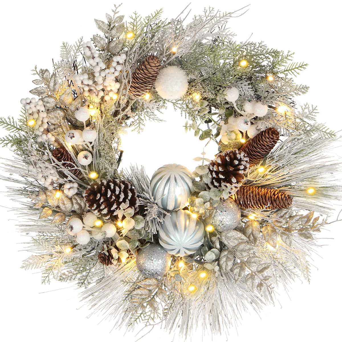 Briful front door wreath with white snow flocking adds winter curb appeal
