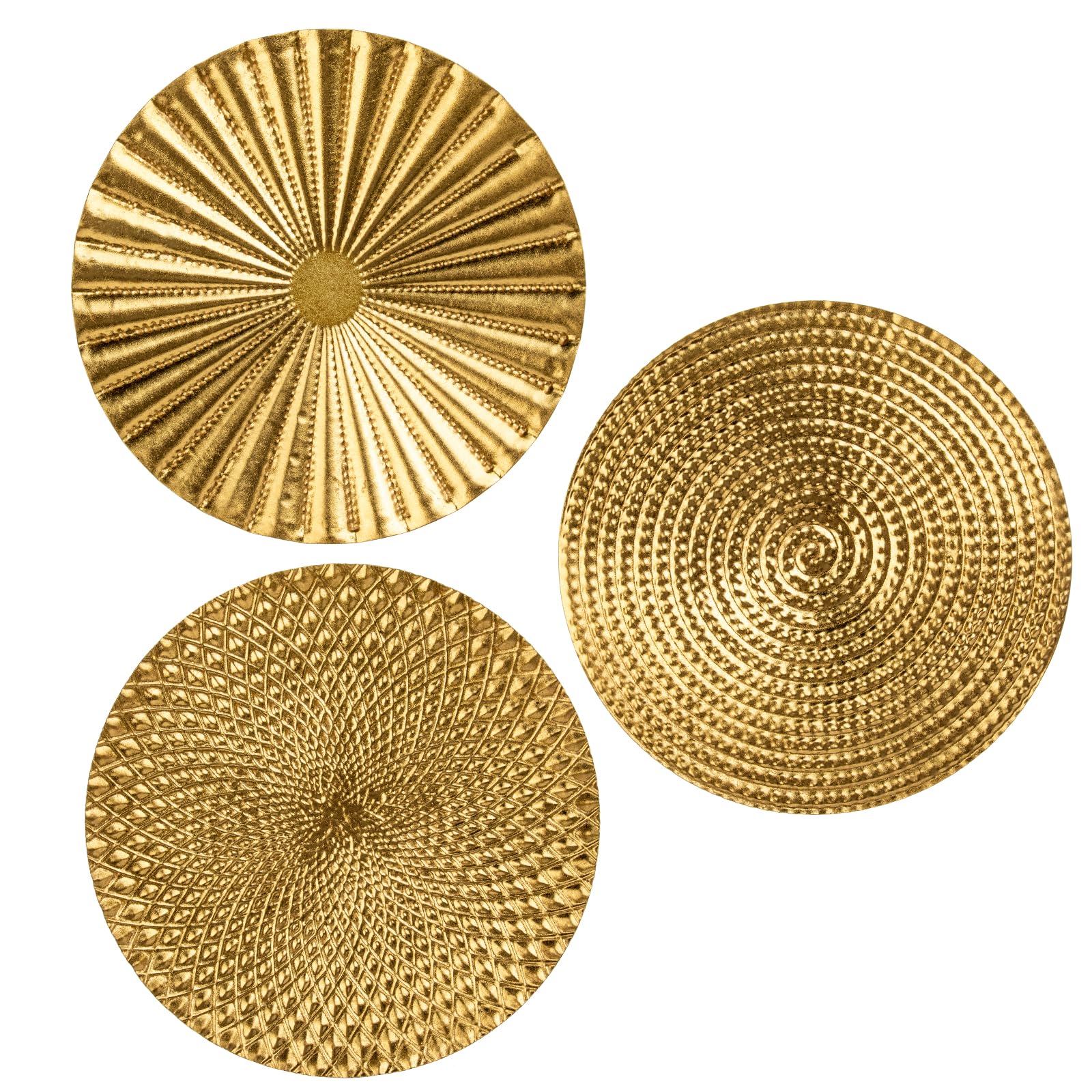 Briful front view of three gold starburst plates showing trio impact