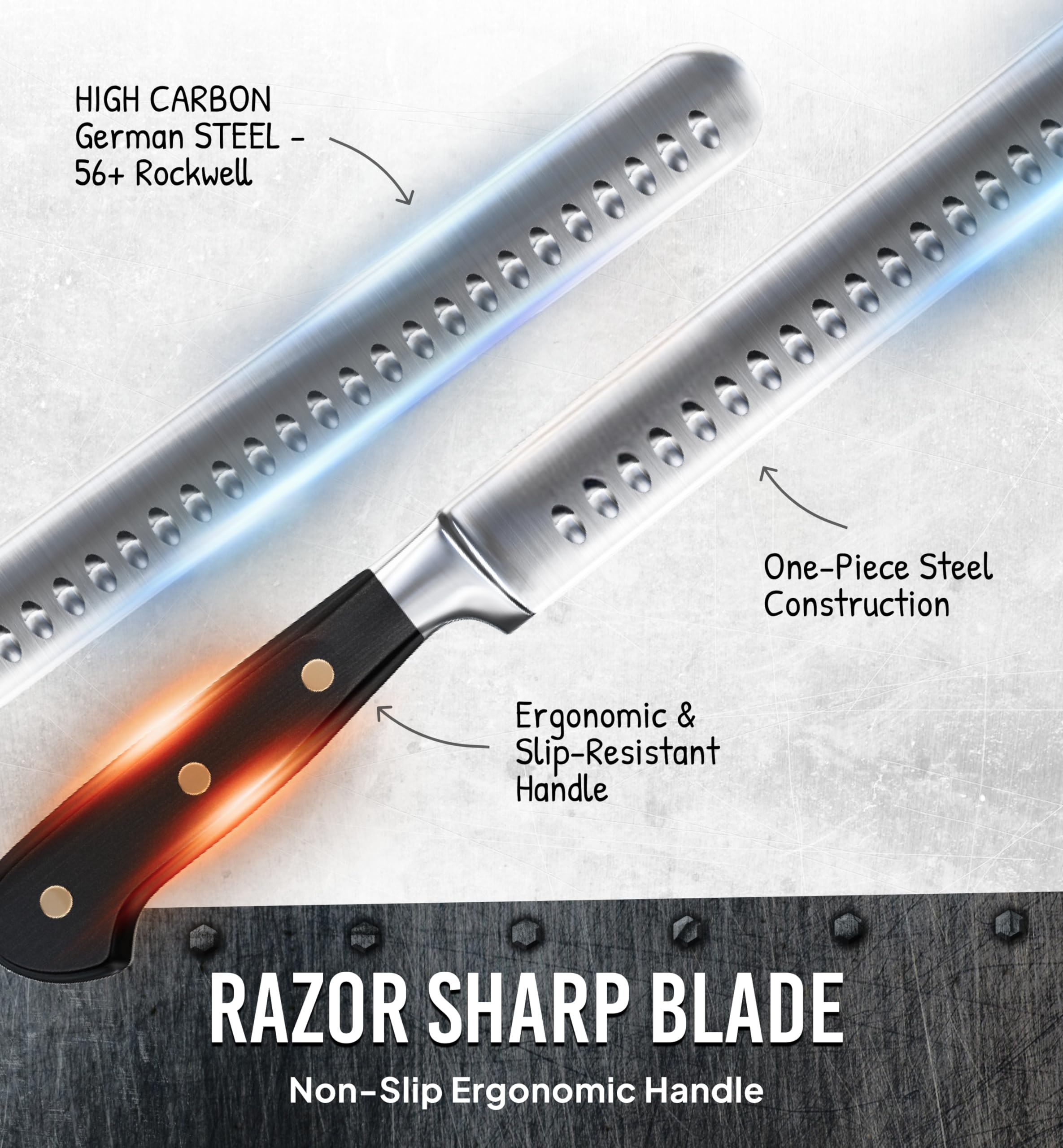 Bright Hobby thin blade profile showing minimal drag for clean meat slices