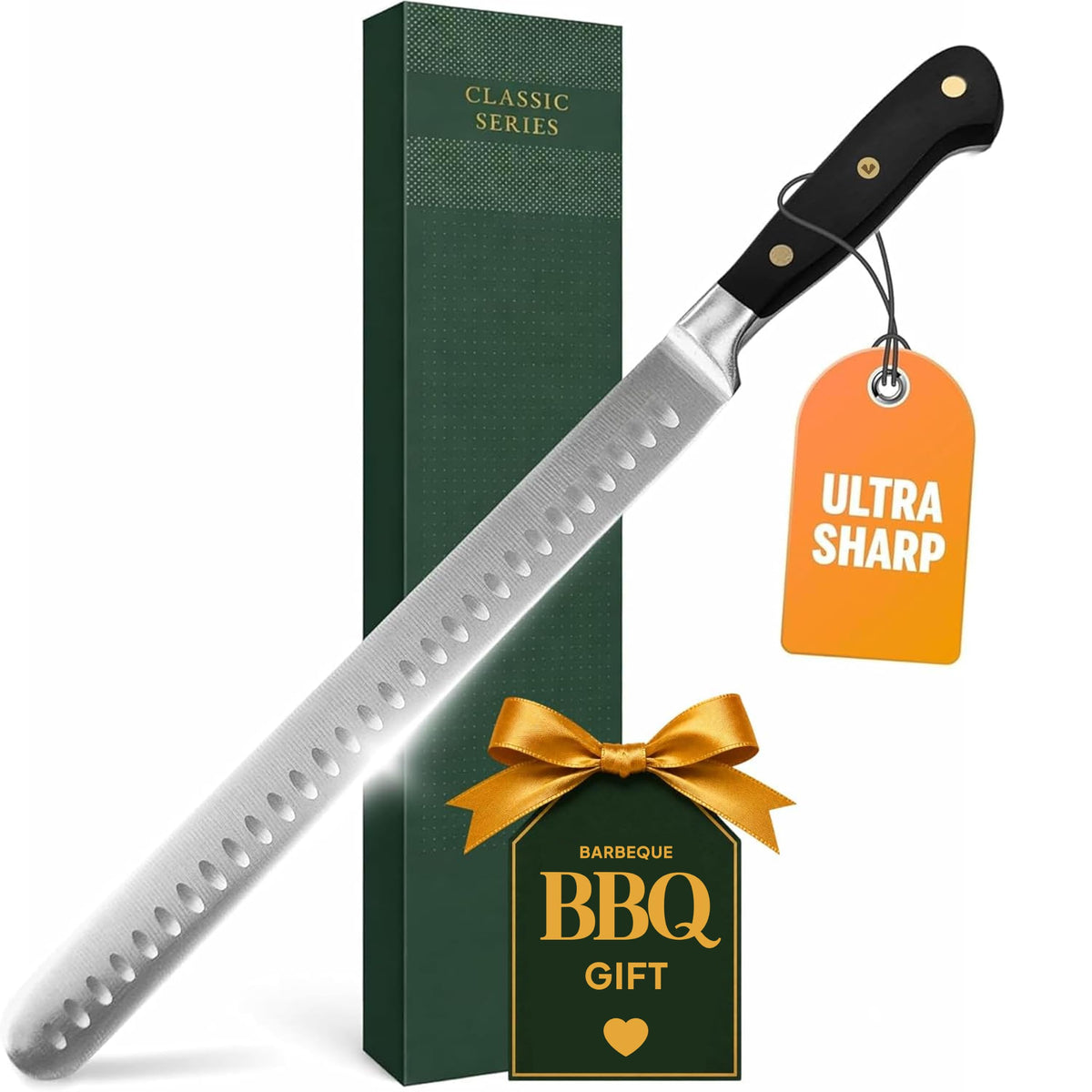 Bright Hobby front view of 12-inch brisket knife showing full profile and balance