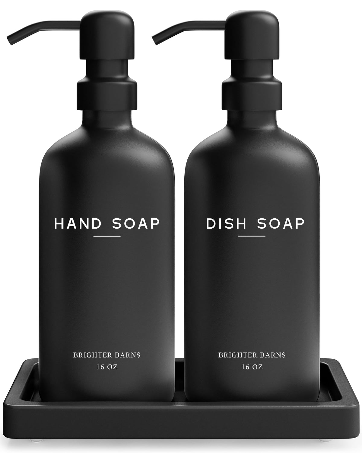 Brighter Barns front view of black glass dispensers in gift-ready packaging, elevates countertops