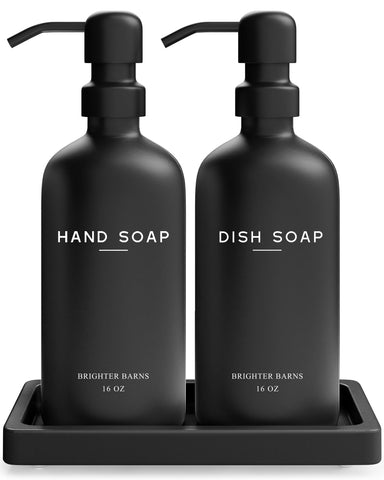 Brighter Barns front view of black glass dispensers in gift-ready packaging, elevates countertops