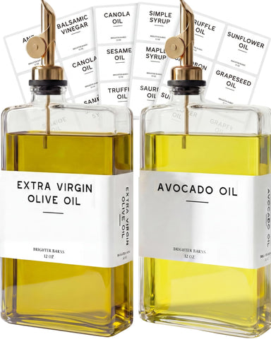 Brighter Barns front view of two clear bottles showing elegant gold spouts and tidy storage benefit