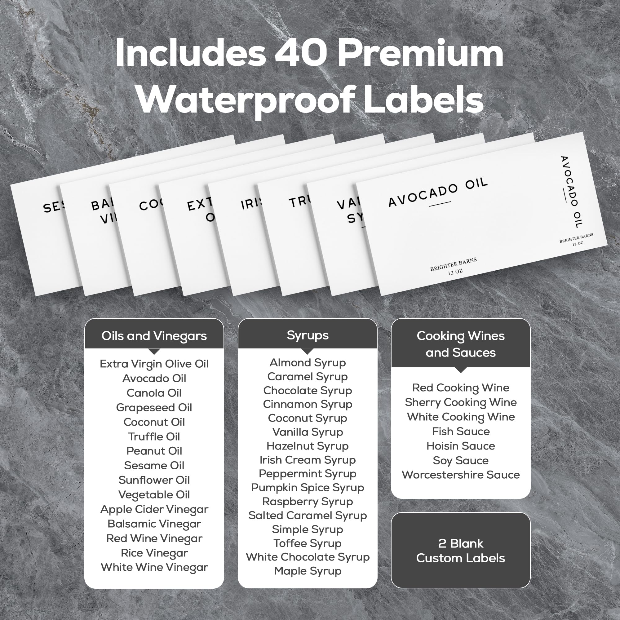 Brighter Barns waterproof labels and spare caps displayed for easy organization benefit