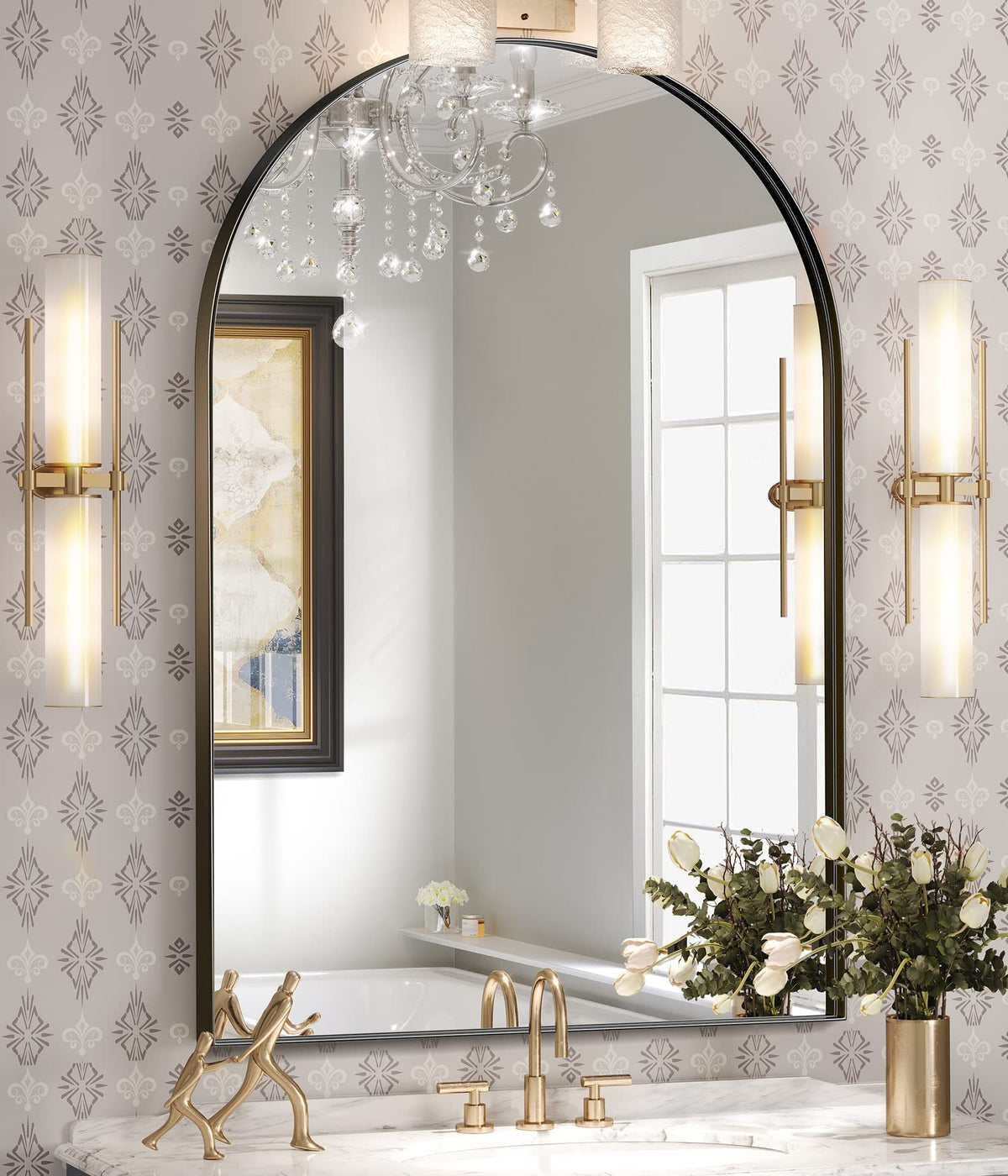Brightify arched mirror front view showing elegant black frame and clear reflection