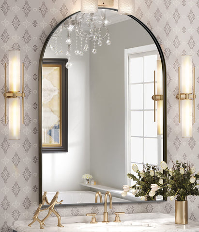 Brightify arched mirror front view showing elegant black frame and clear reflection