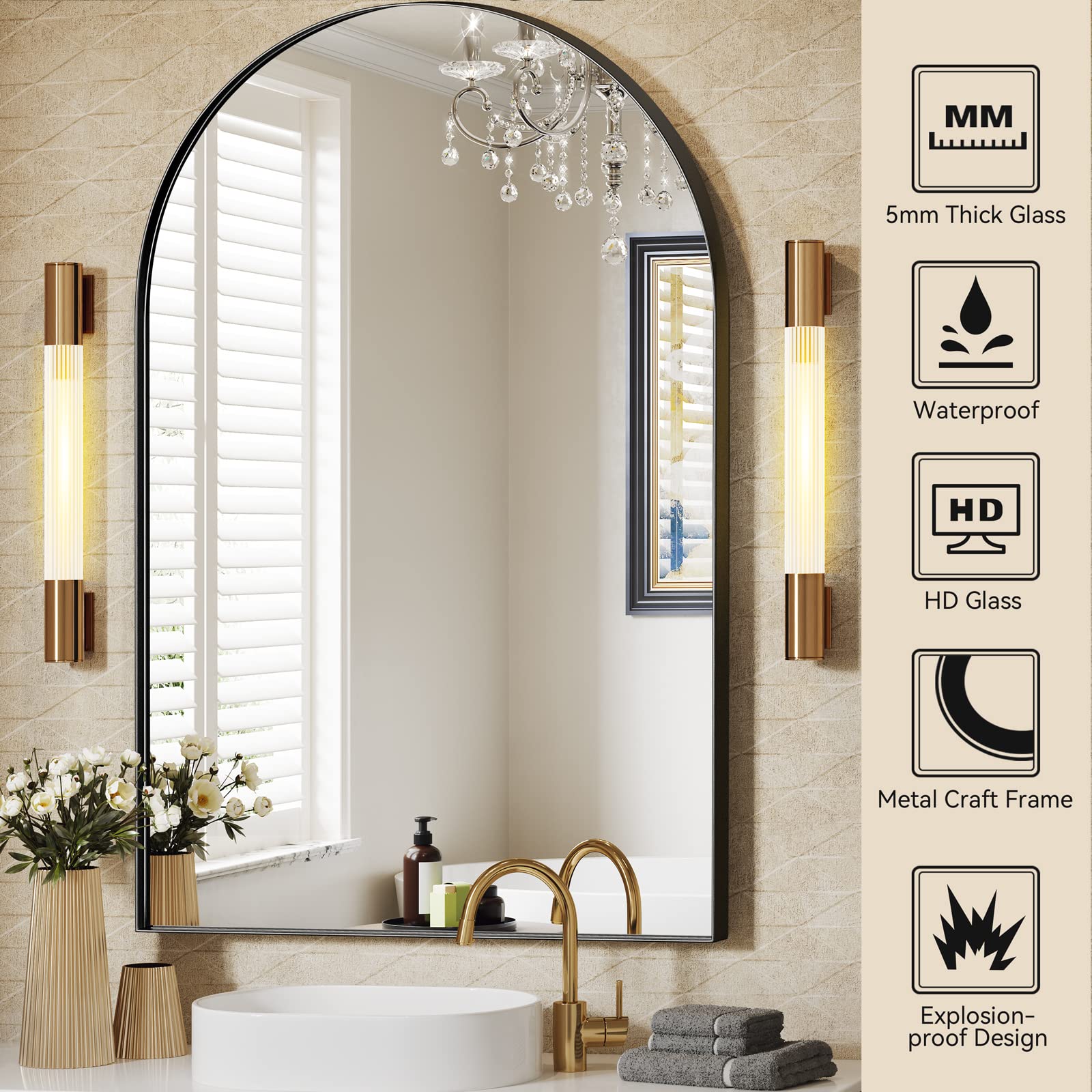 Brightify arched mirror next to ruler showing 24x36 size for room planning