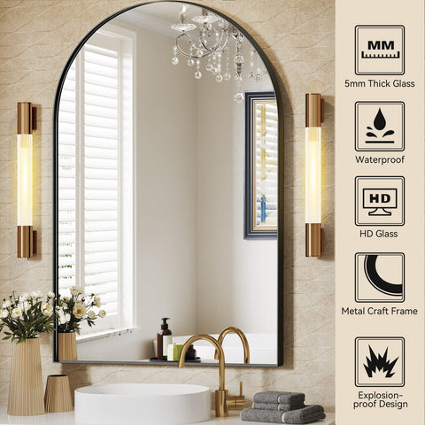 Brightify arched mirror next to ruler showing 24x36 size for room planning