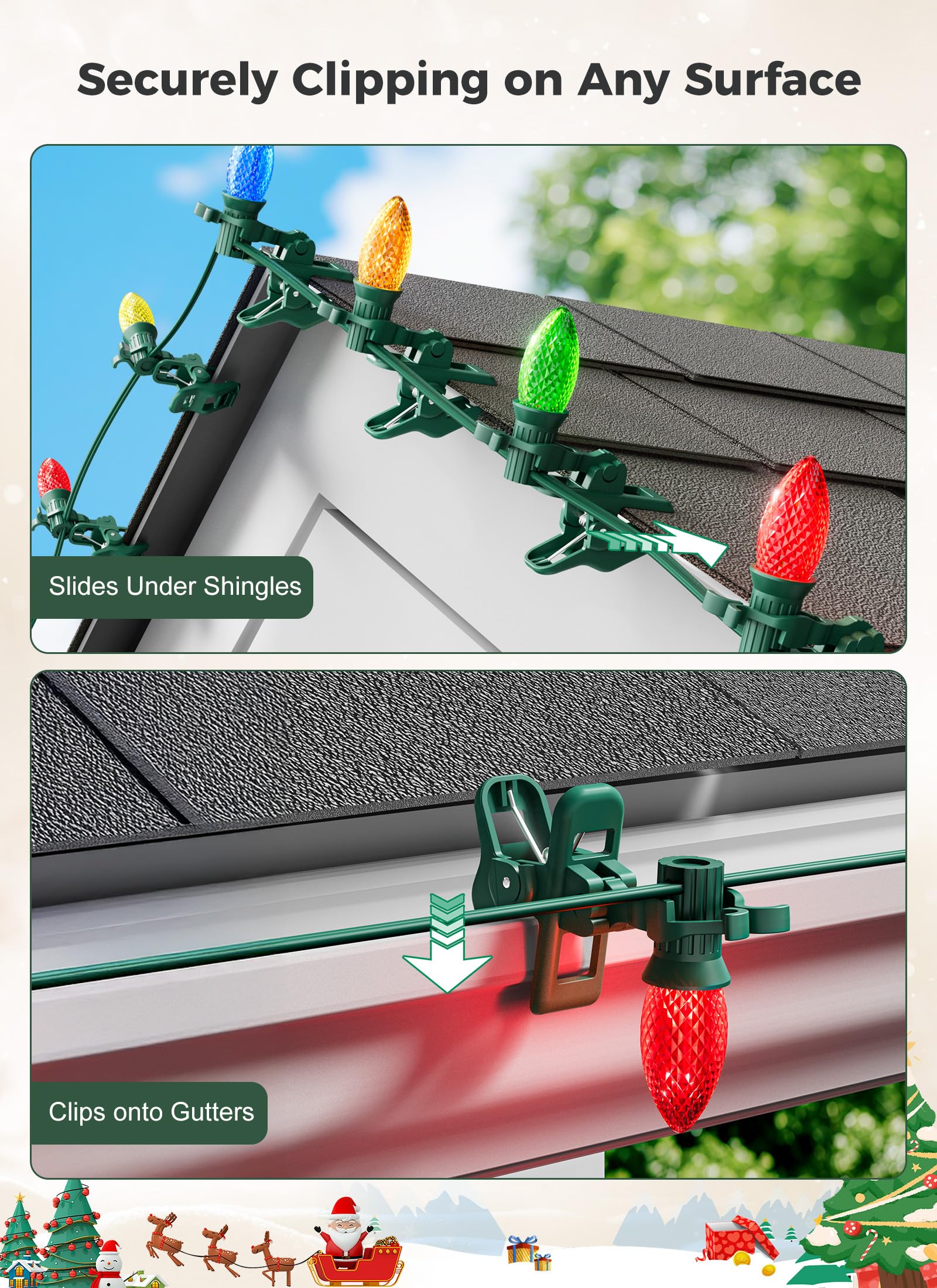Brightown clip attached to gutter holding C9 bulb for fast tool-free mounting