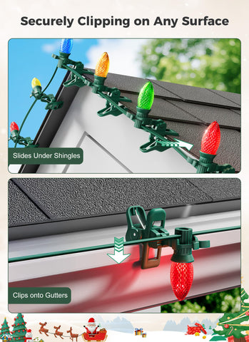 Brightown clip attached to gutter holding C9 bulb for fast tool-free mounting