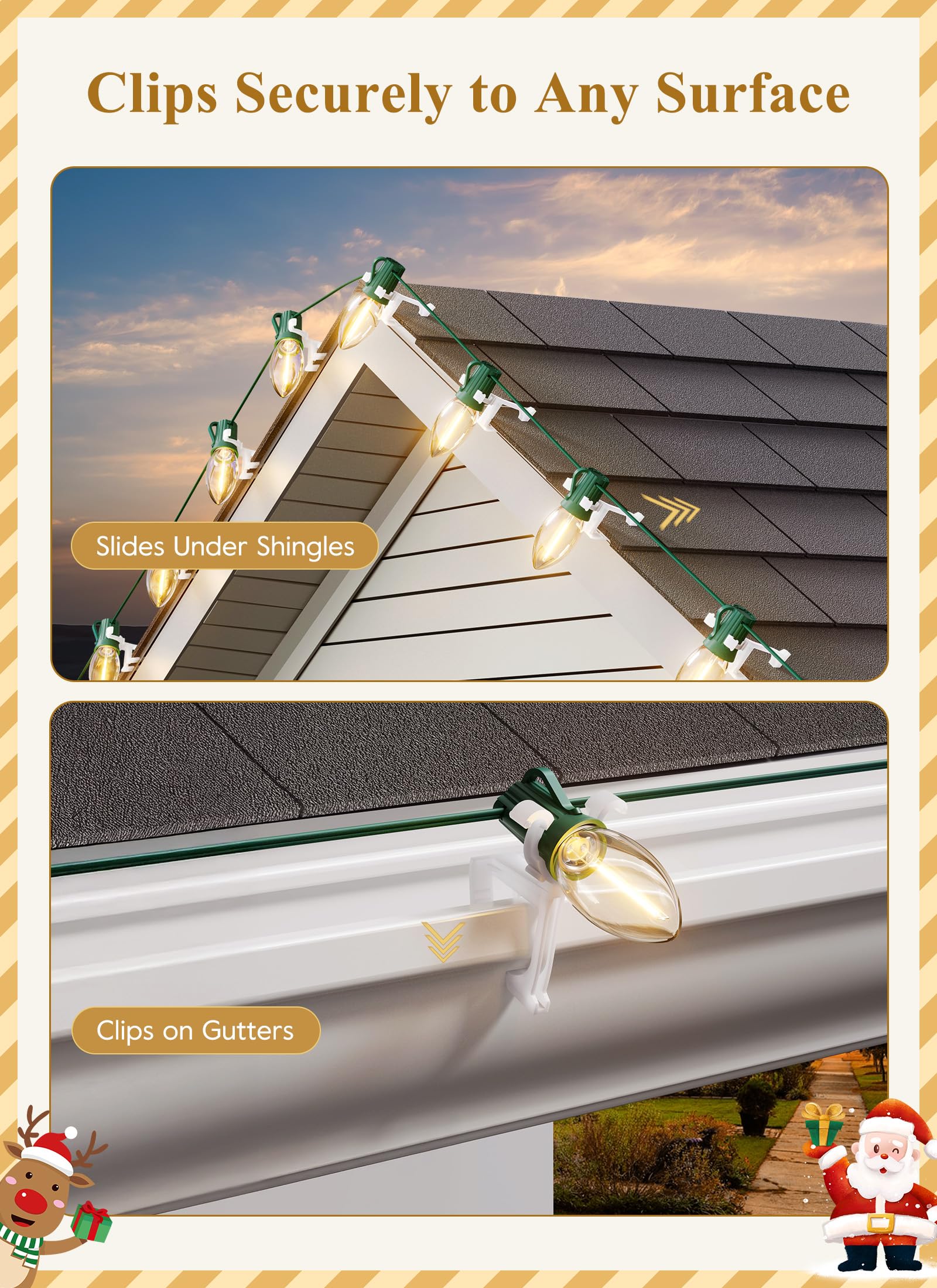 Brightown clips holding C9 bulbs firmly to prevent sagging and wind movement