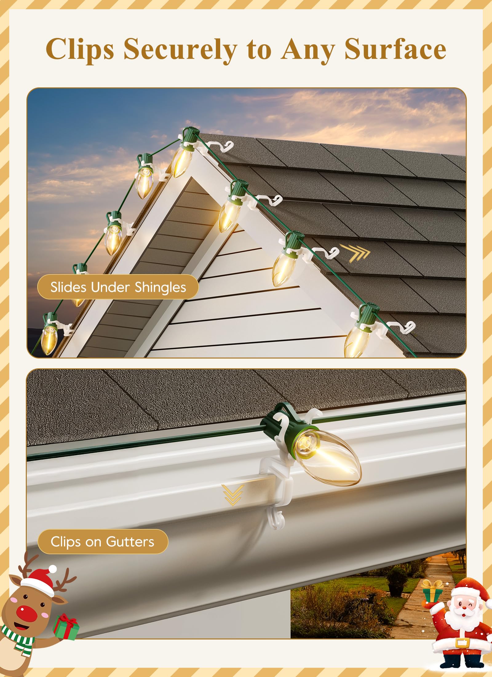 Brightown clip mounted on gutter demonstrating stable hold and neat light lines