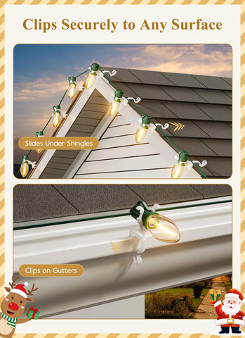 Brightown clip mounted on gutter demonstrating stable hold and neat light lines