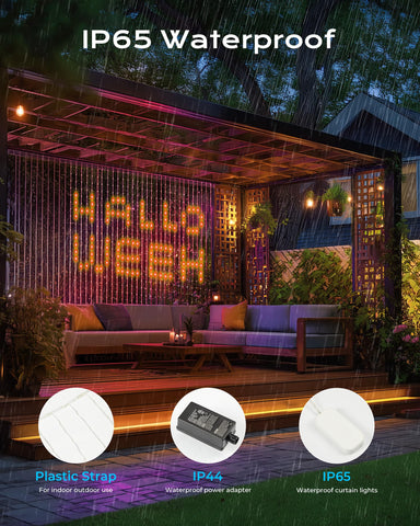 Brightown curtain lighting a patio scene, weatherproof outdoor ambiance benefit