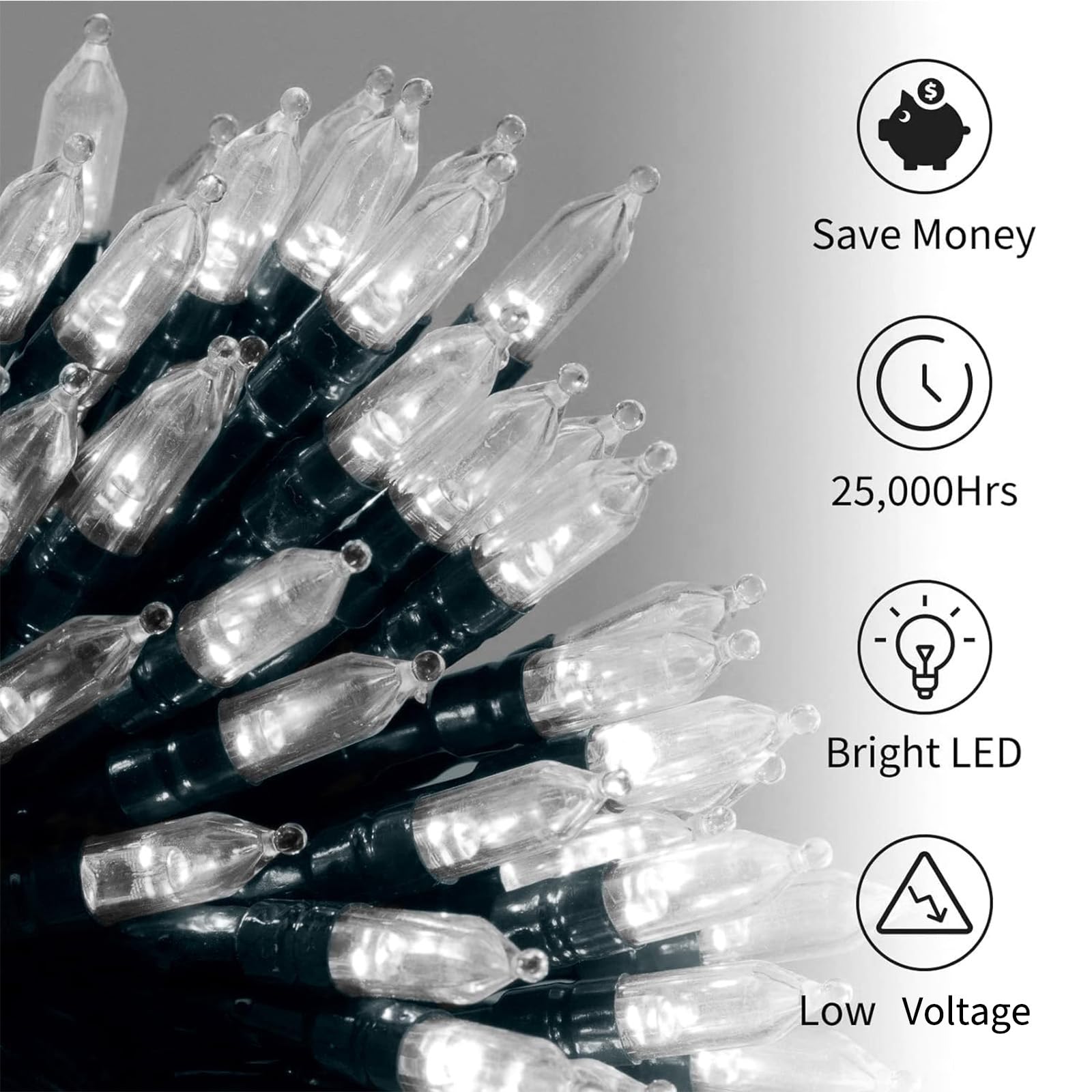 Brightown scale comparison showing strand length and 3.9-inch bulb spacing for planning