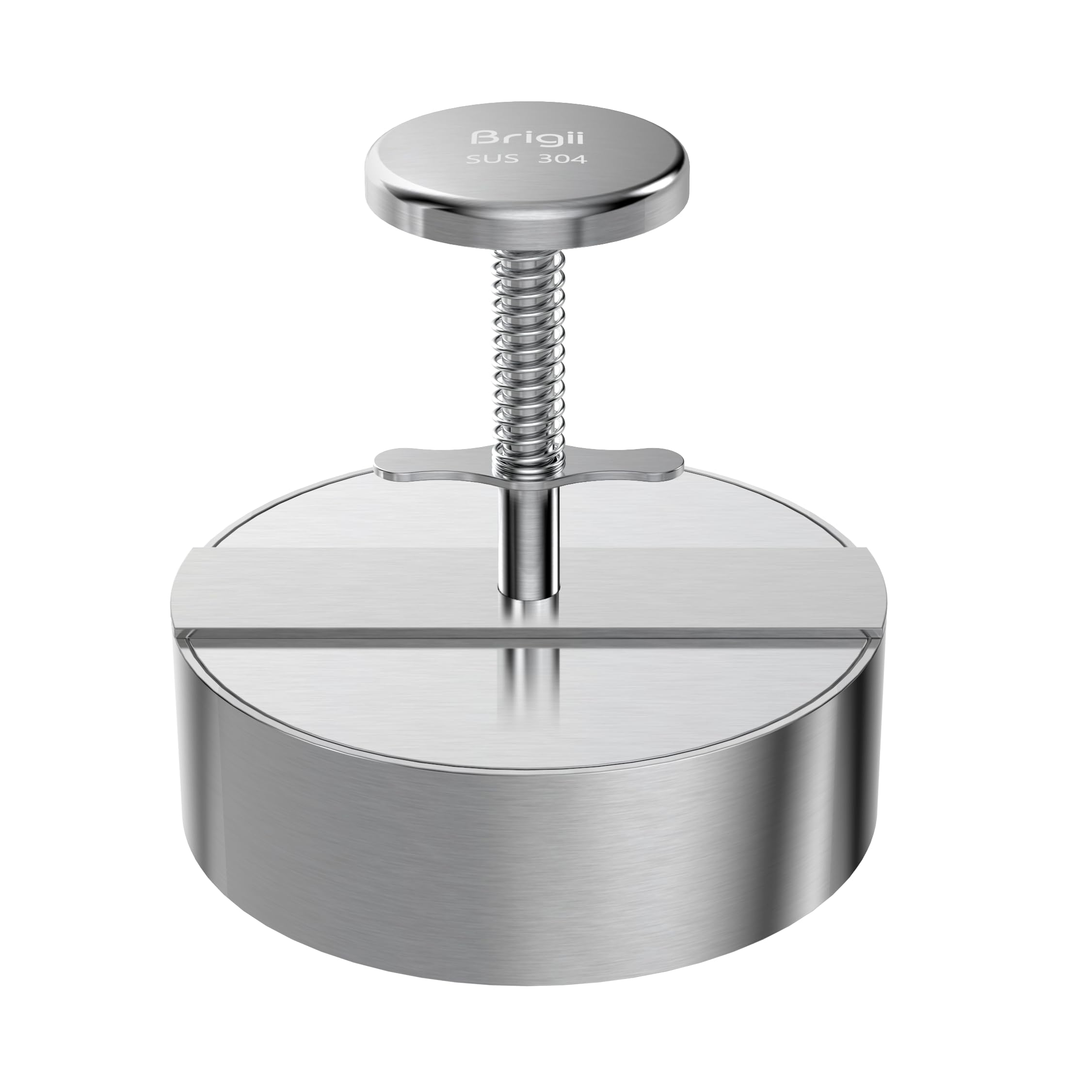 Brigii front view stainless burger press showing durable 304 steel benefit
