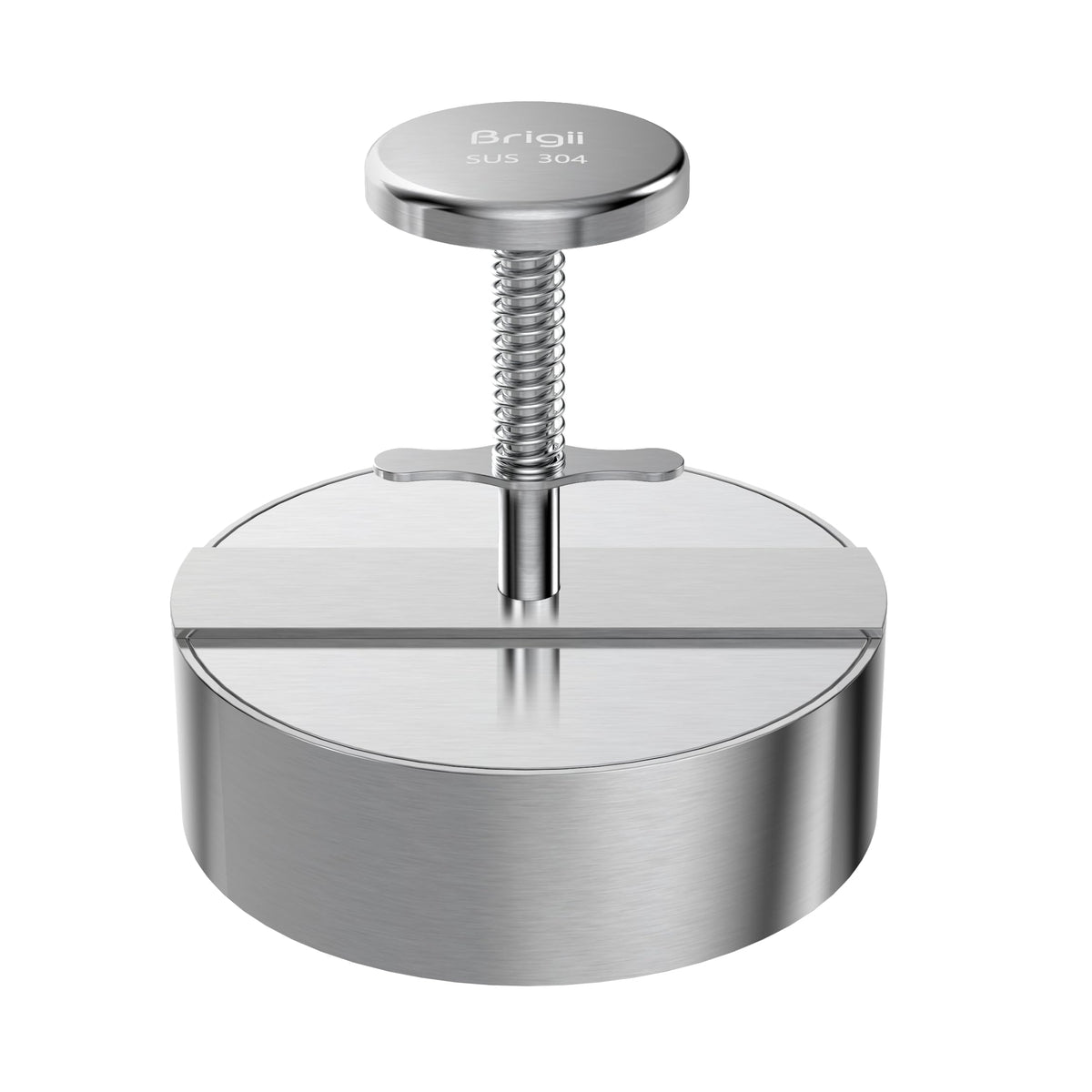 Brigii front view stainless burger press showing durable 304 steel benefit