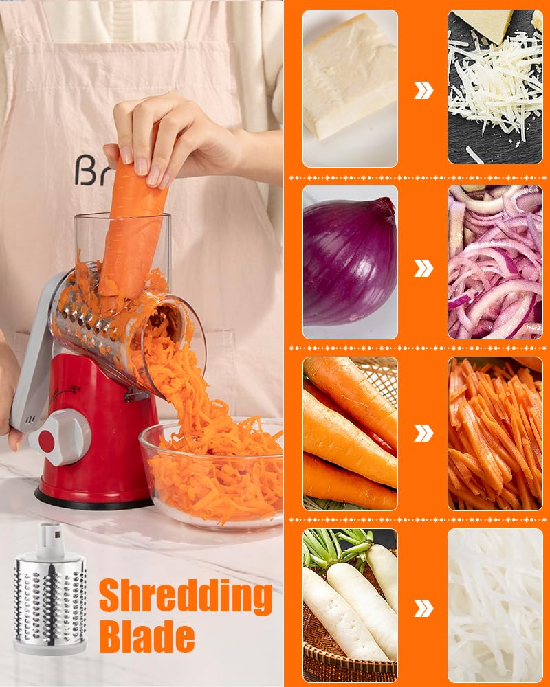 Brigii hand-crank in motion shredding cheese for faster, safer food prep