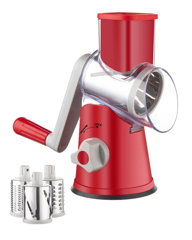 Brigii rotary cheese grater front view showing hopper and crank for quick shredding