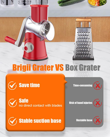 Brigii grater with cheese and vegetables prepared to highlight multi-function versatility