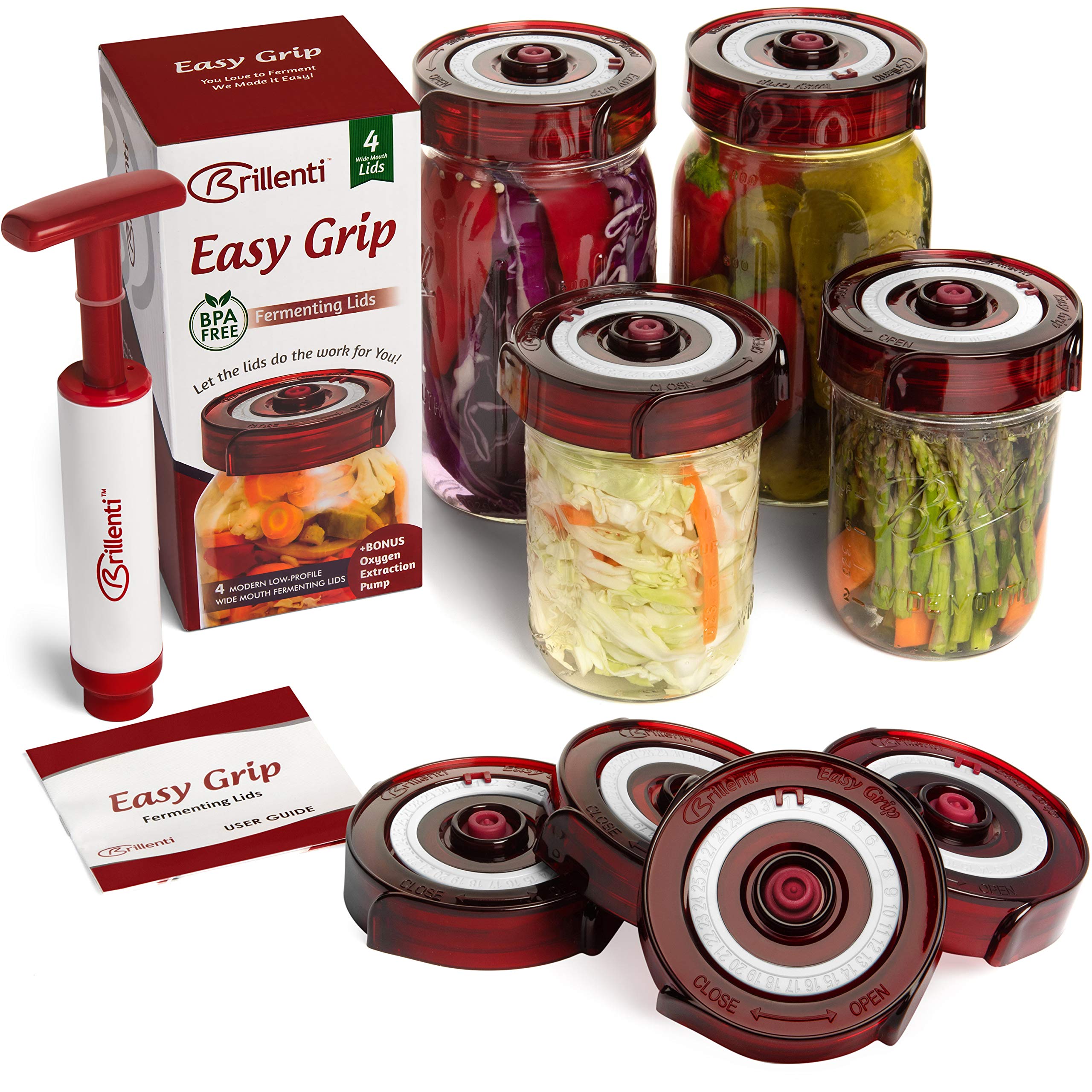 Brillenti front packaging showing 4 lids kit and pump for easy fermenting