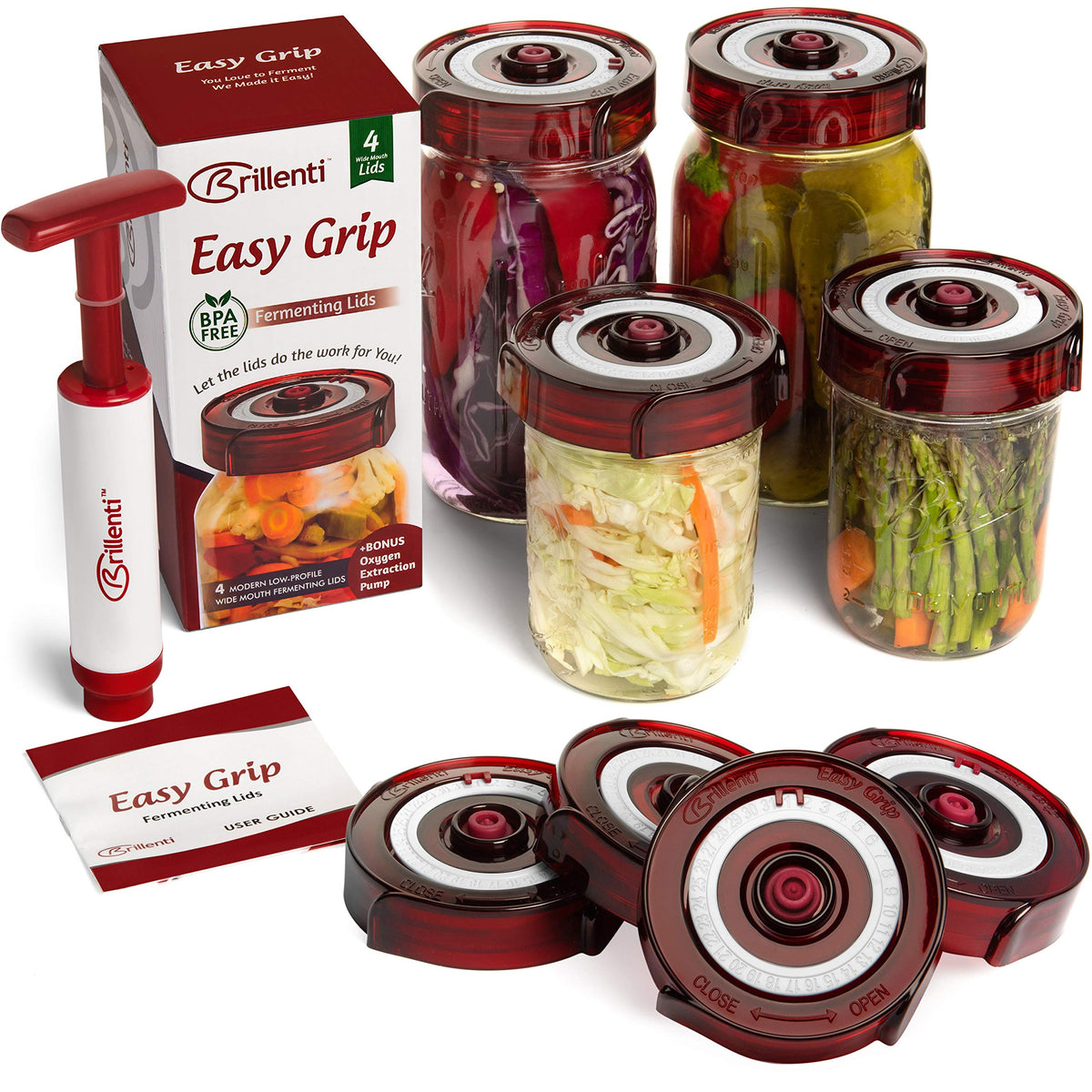 Brillenti front packaging showing 4 lids kit and pump for easy fermenting