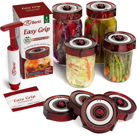 Brillenti front packaging showing 4 lids kit and pump for easy fermenting