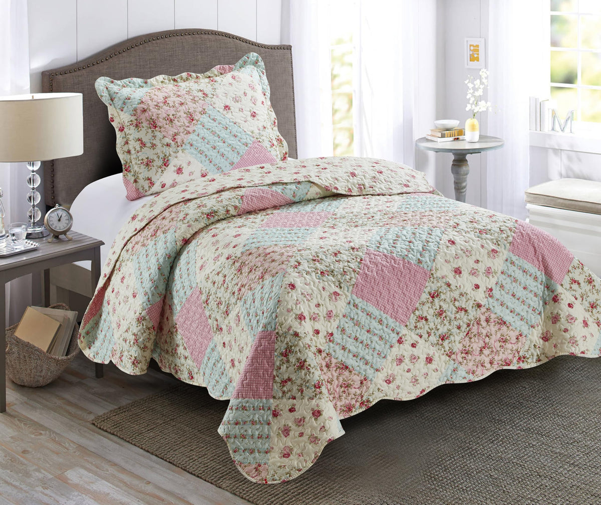 Brilliant Sunshine quilt front view showing pink green roses and patchwork, elegant decor
