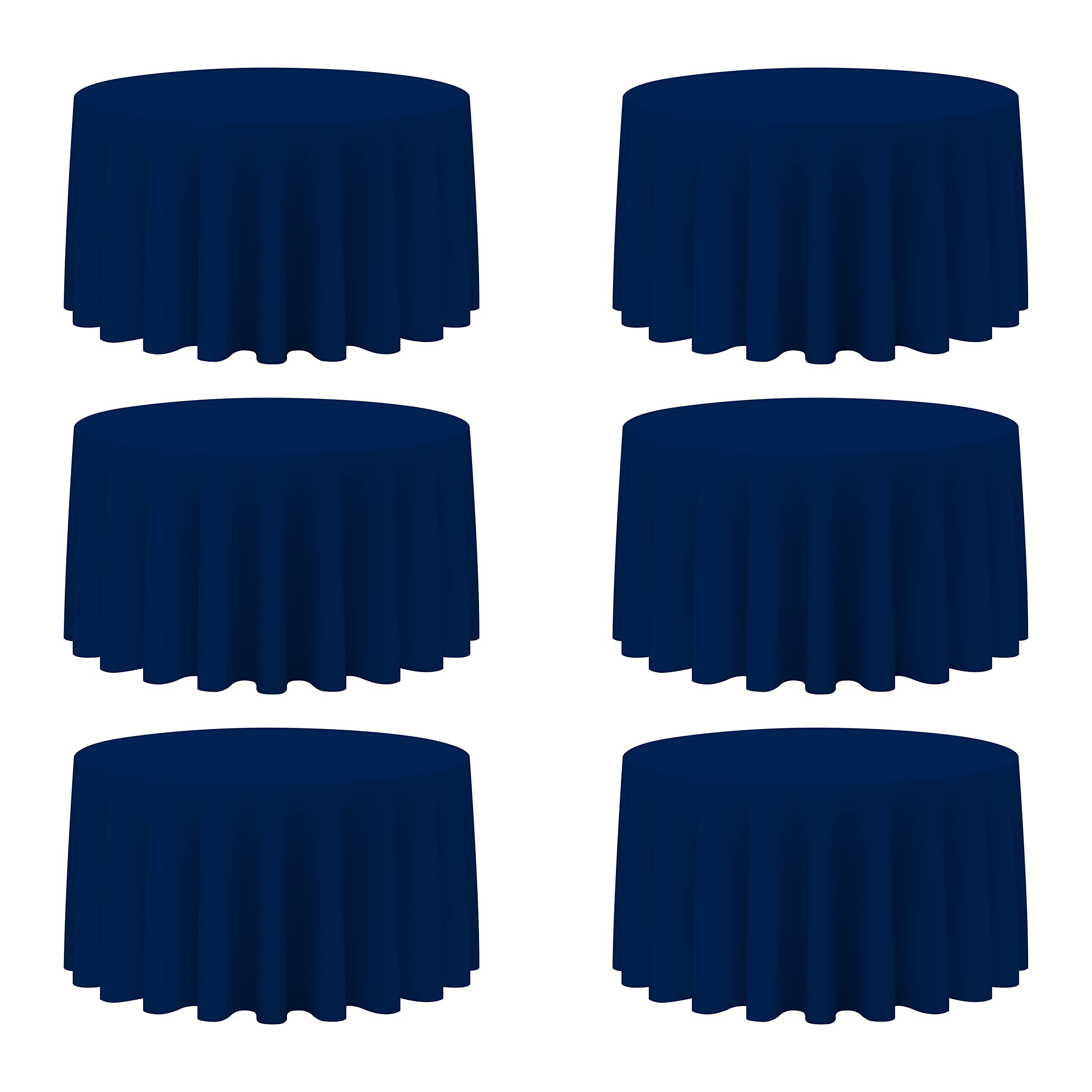 BRILLMAX front view of navy 120inch round tablecloth six-pack showing neat packaging and color