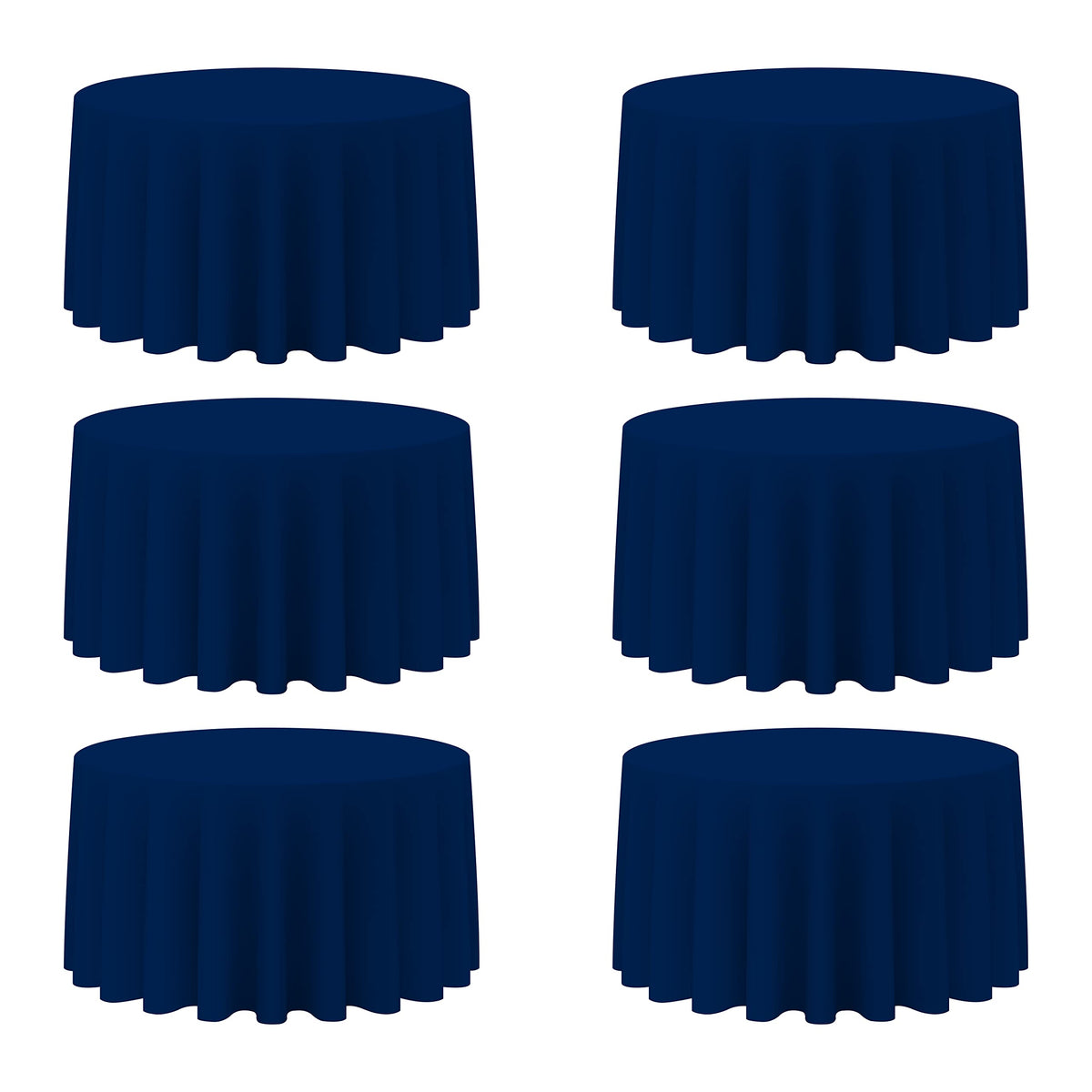 BRILLMAX front view of navy 120inch round tablecloth six-pack showing neat packaging and color