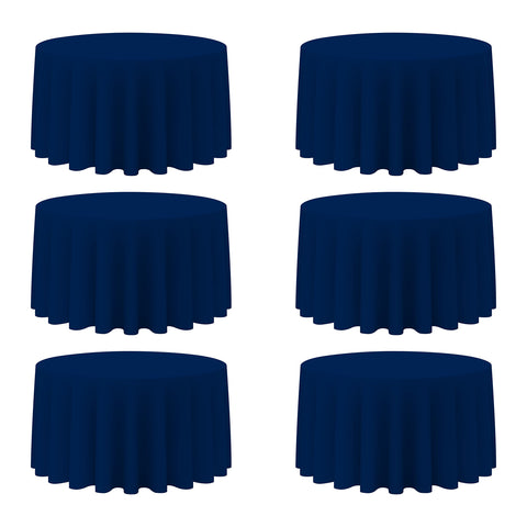 BRILLMAX front view of navy 120inch round tablecloth six-pack showing neat packaging and color