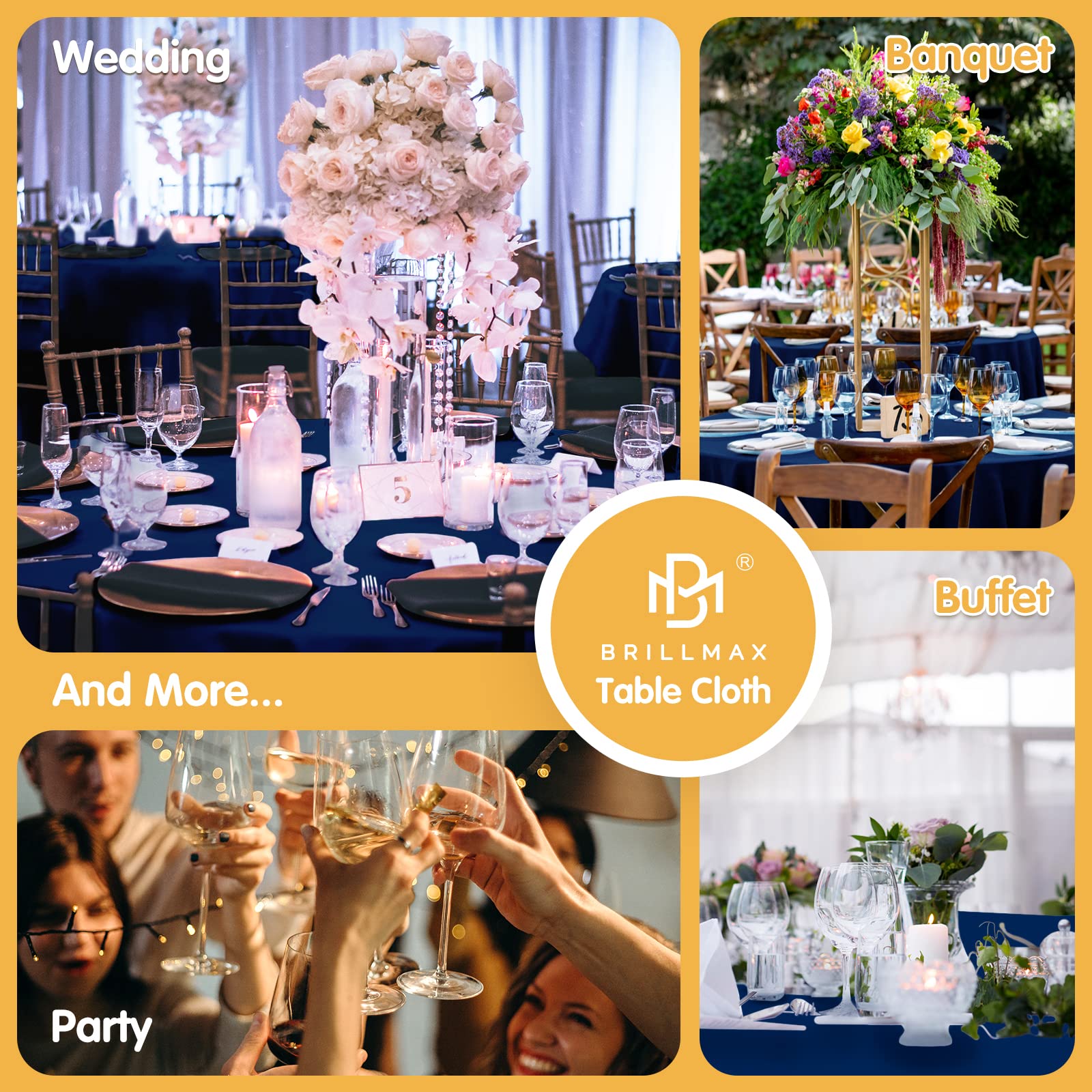 BRILLMAX navy tablecloth styled with centerpiece at reception to show event-ready look