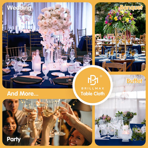 BRILLMAX navy tablecloth styled with centerpiece at reception to show event-ready look