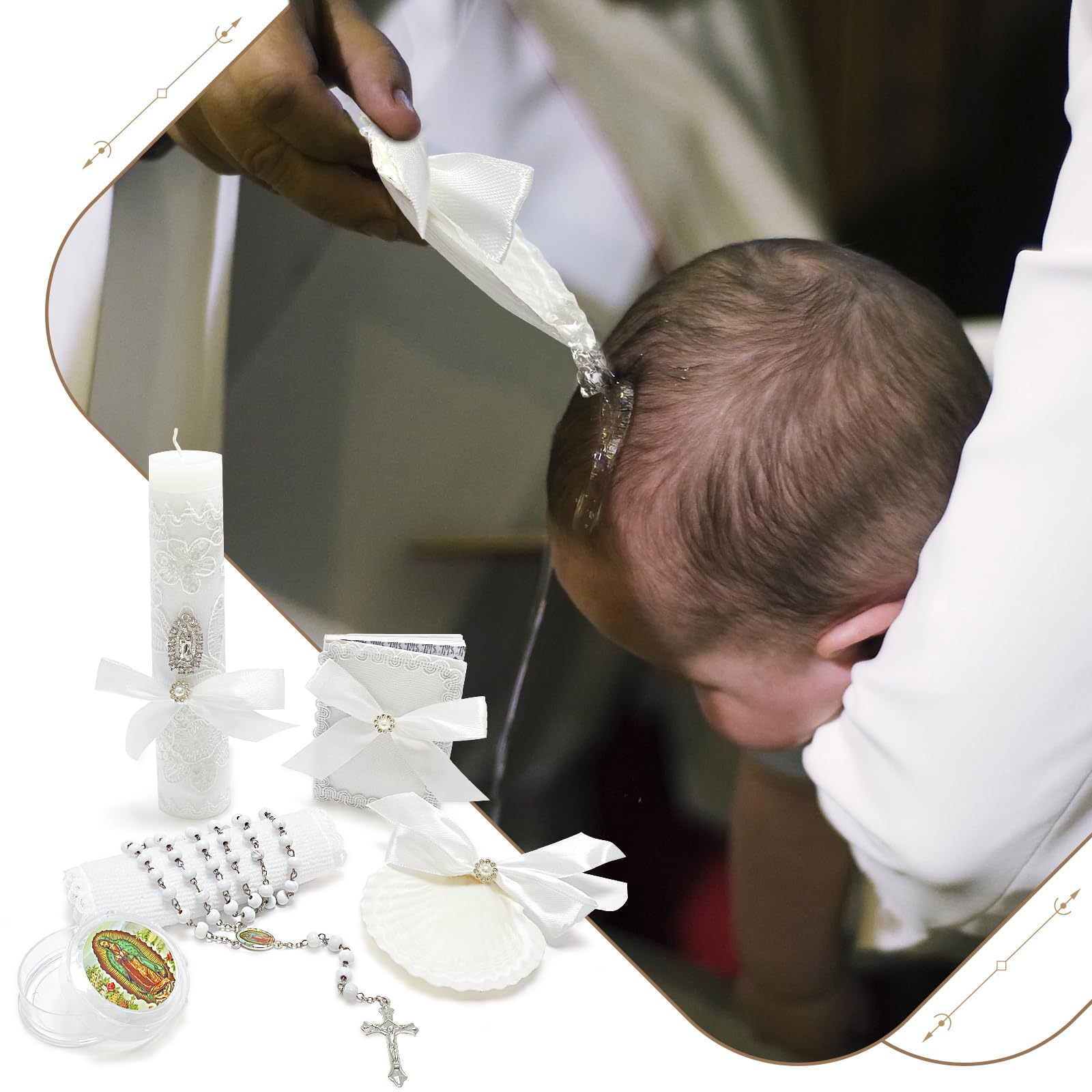 Brilucky rosary and baptismal shell placed on towel illustrating ceremonial use