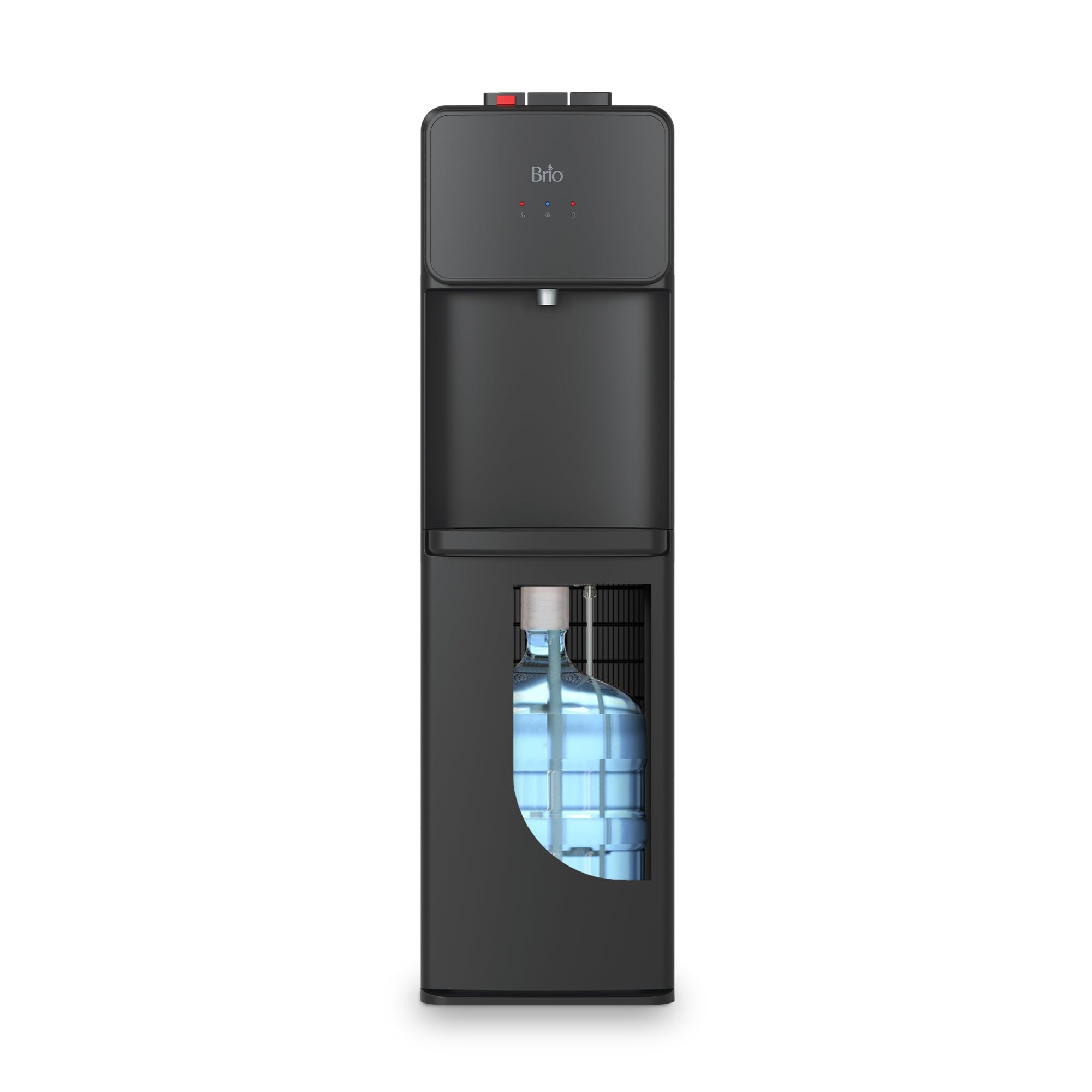 Brio 130 front view showing sleek black dispenser and three taps for convenience
