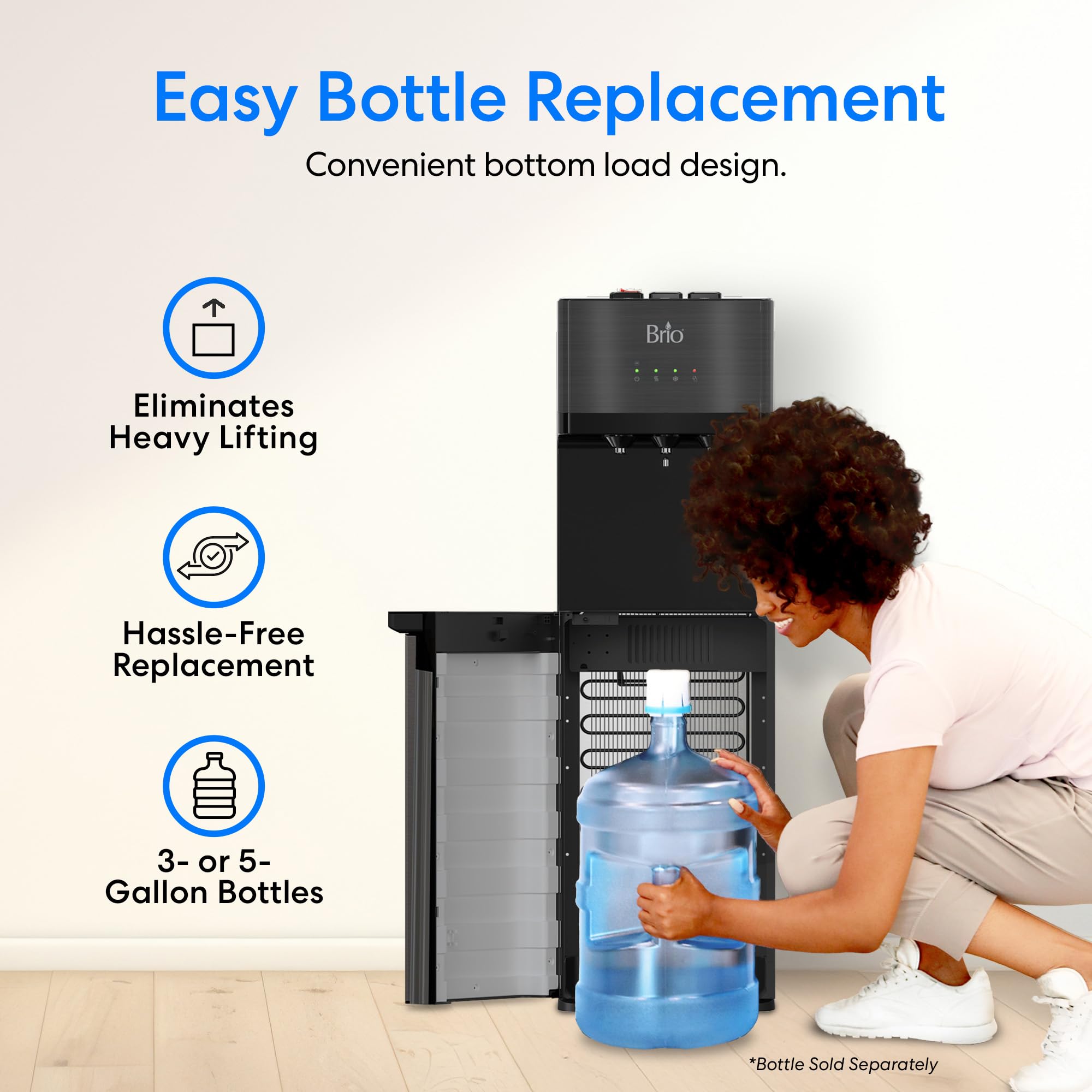 Brio hot cold room spouts closeup highlights three-temperature convenience