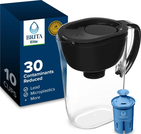 BRITA everyday elite black front view showing pitcher design and capacity benefit
