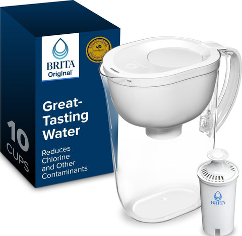 BRITA front view pitcher showing bright white design and compact benefit