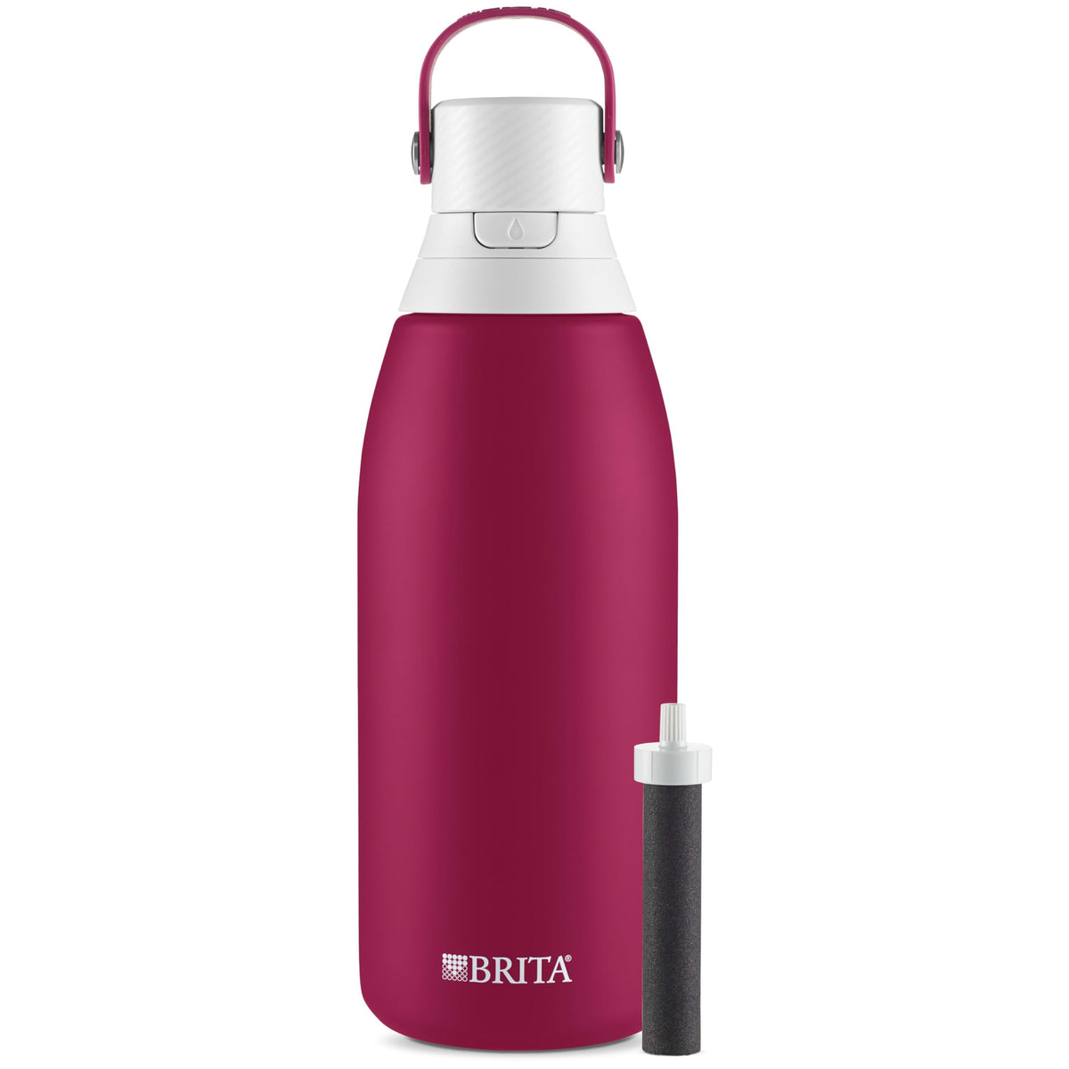 BRITA front view ruby bottle showing straw filter and easy-grip, keeps water tasting fresh