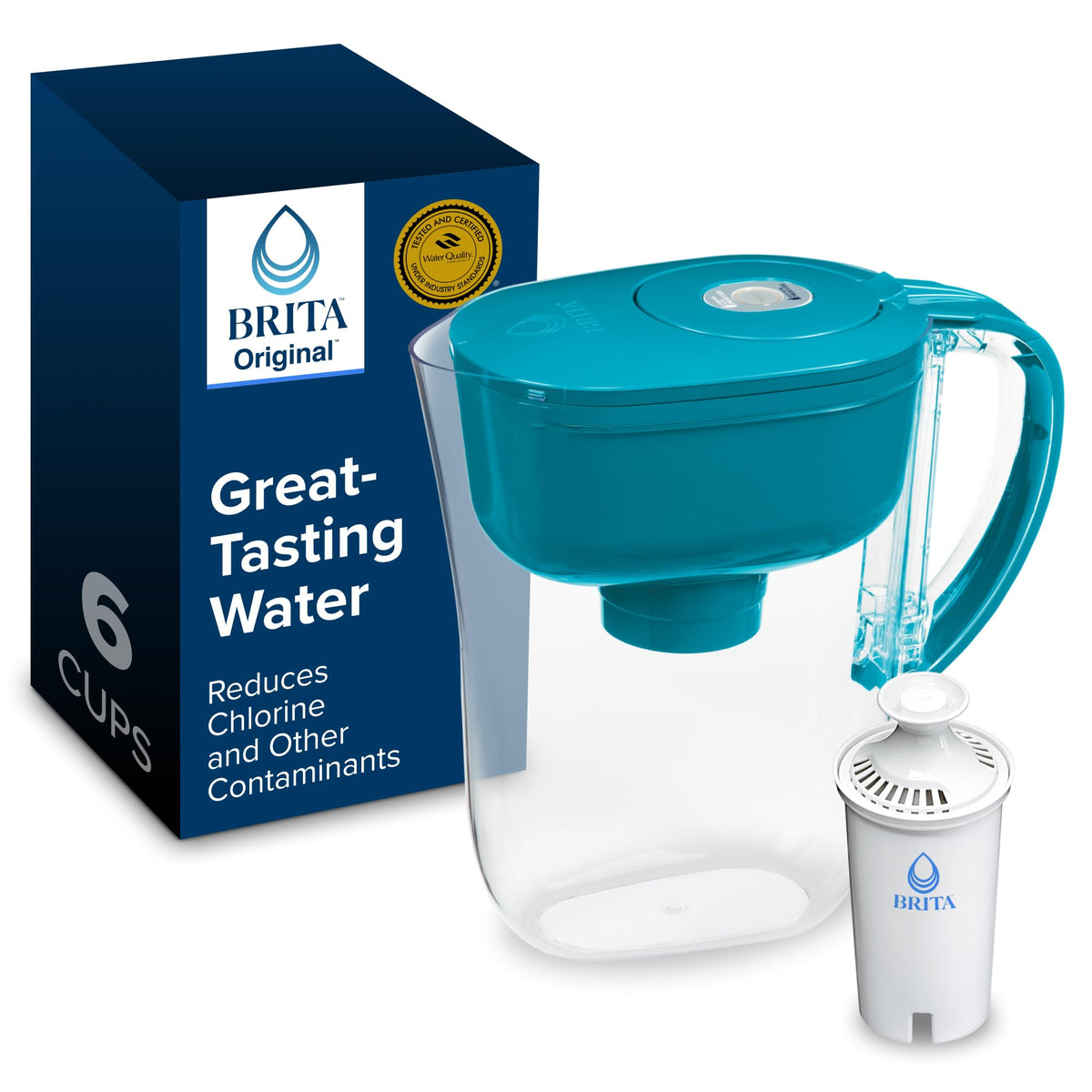 BRITA Metro front view in turquoise showing compact pitcher and benefit of filtered water