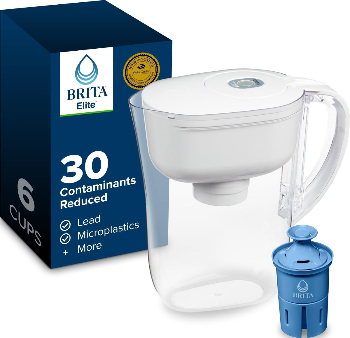 Brita Metro pitcher front view showing sleek white design and compact shape, brand clarity