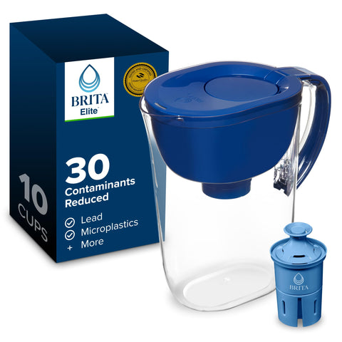 BRITA blue pitcher front view showing sleek design and easy pour