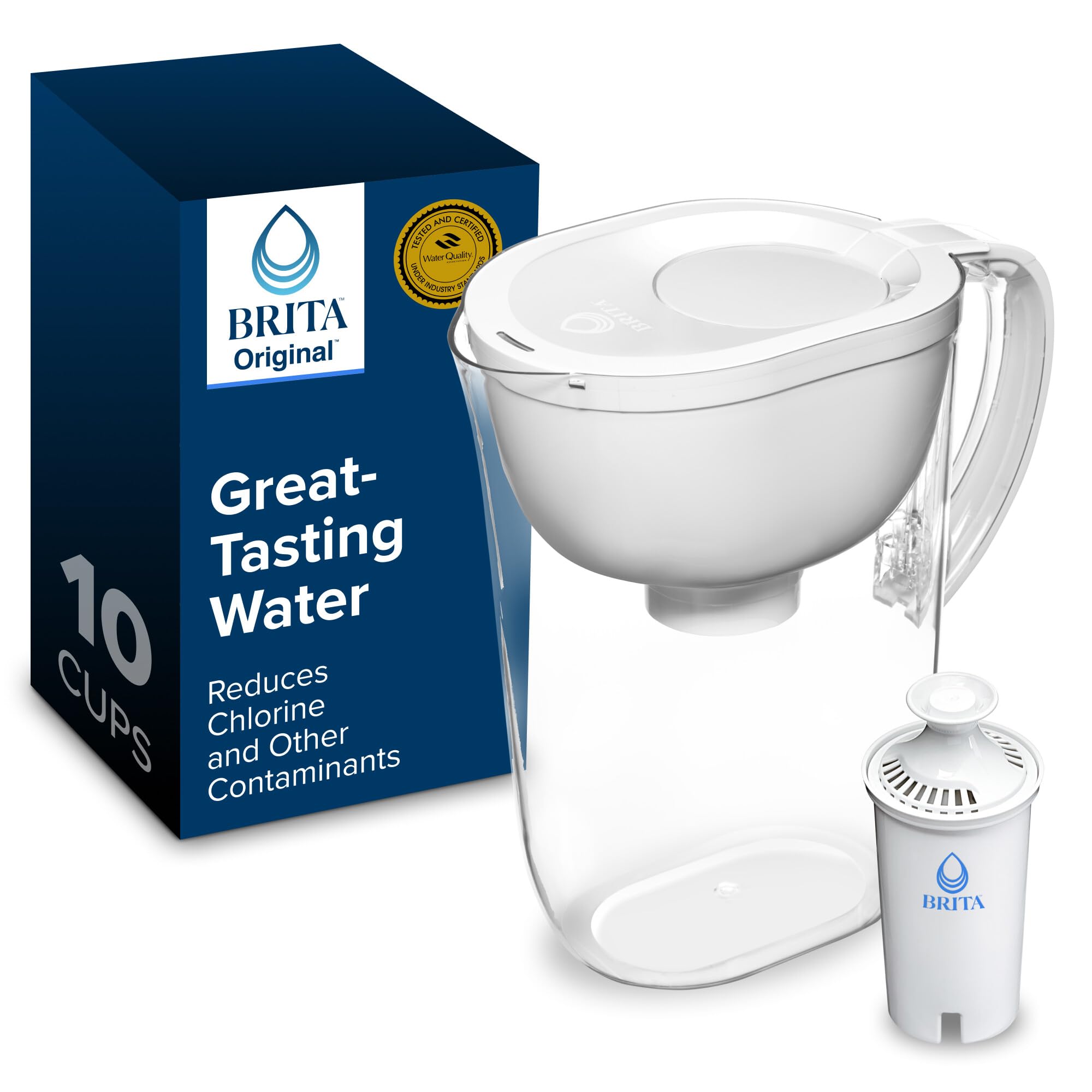 BRITA front view of white 10-cup pitcher showing slim fridge-friendly design and convenience