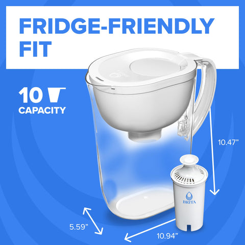 BRITA pitcher beside a soda bottle to show 10-cup capacity scale and practical size